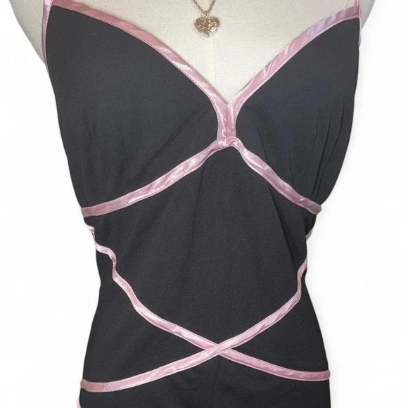 Vintage Y2K black slip dress pink trim balletcore coquette Blondie Nites - Picture 3 of 5